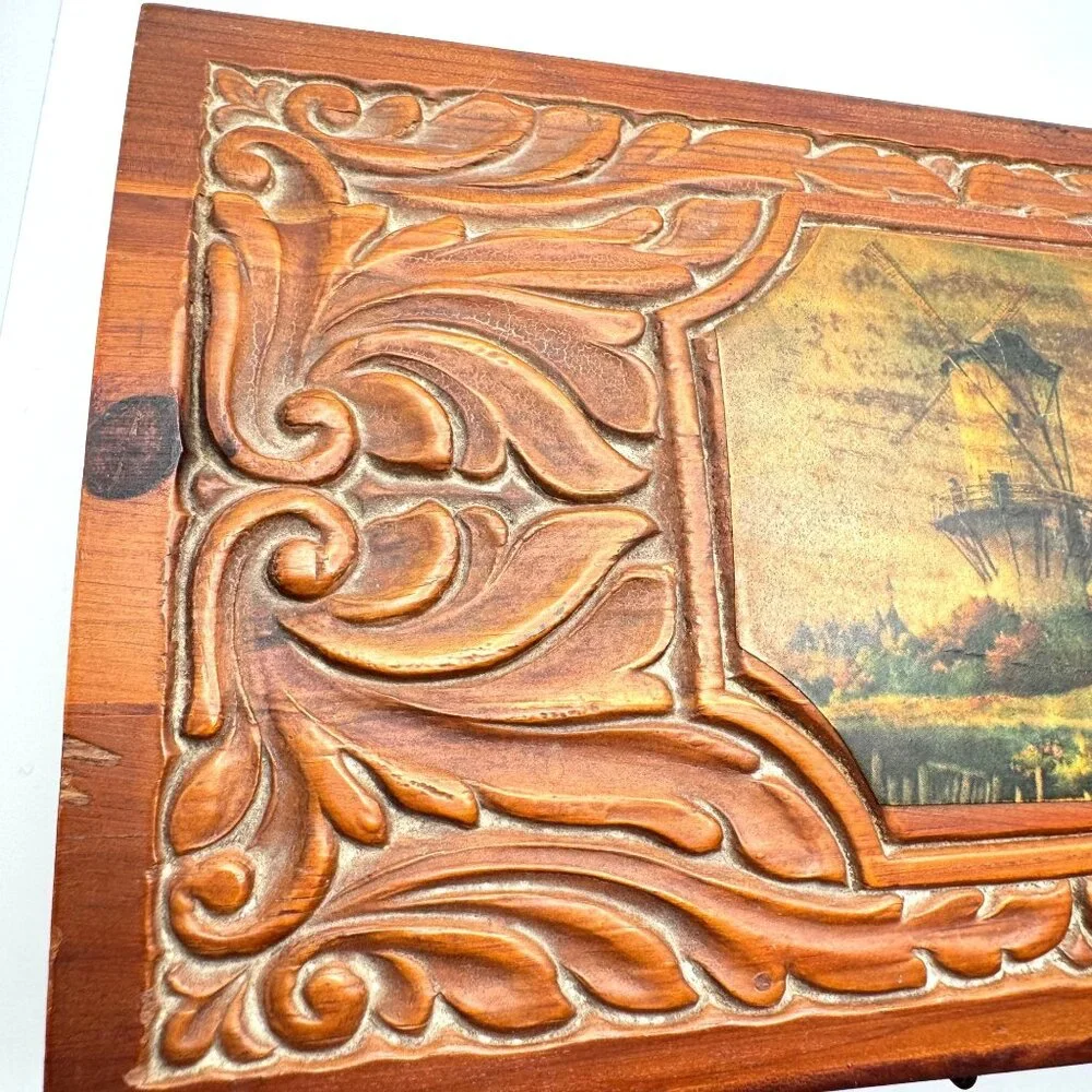 Vtg 1950s Hand-Carved Cedar Wood Jewelry Box Mirror Windmill Footed Base